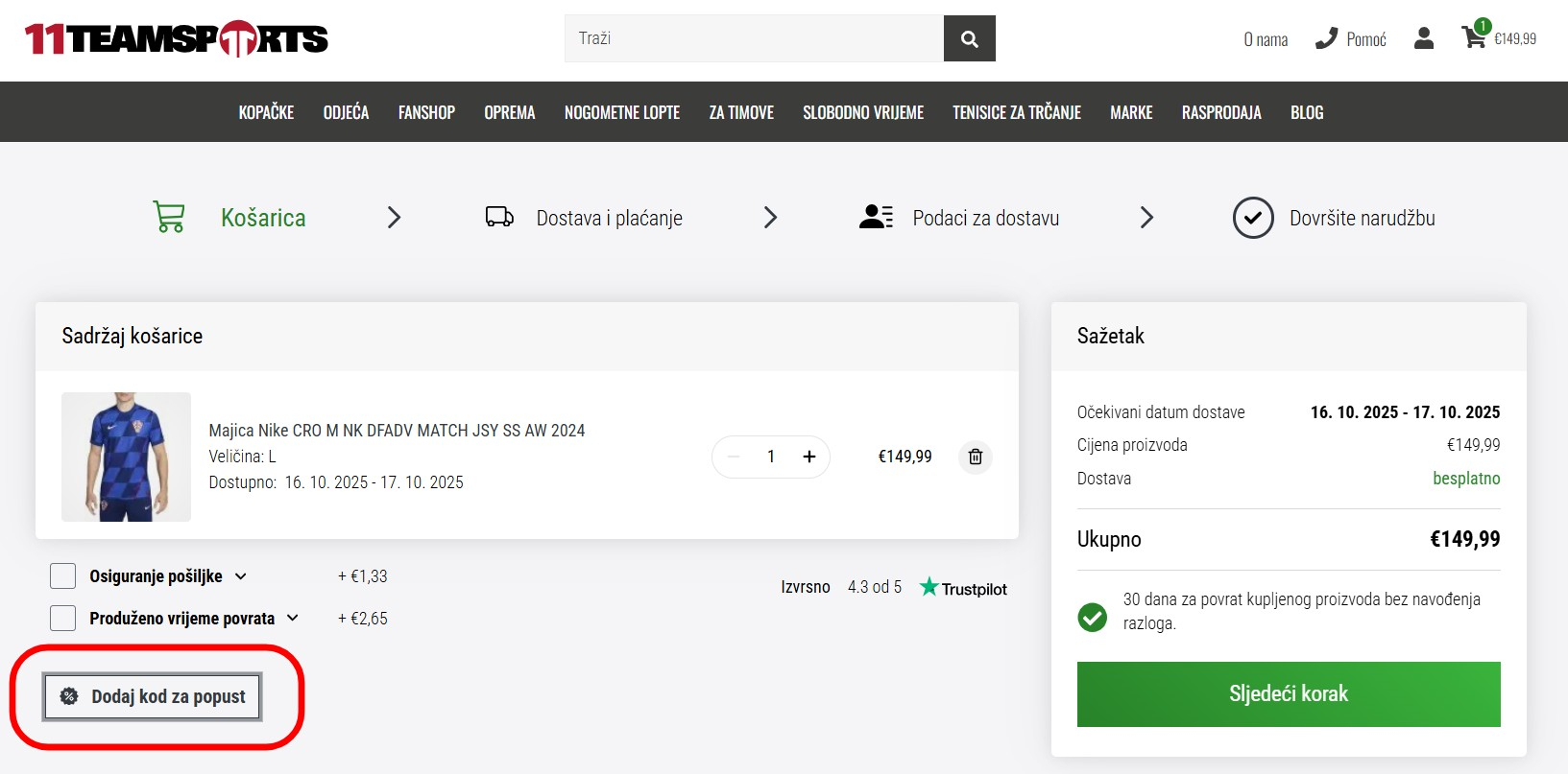 11teamsport kod za popust